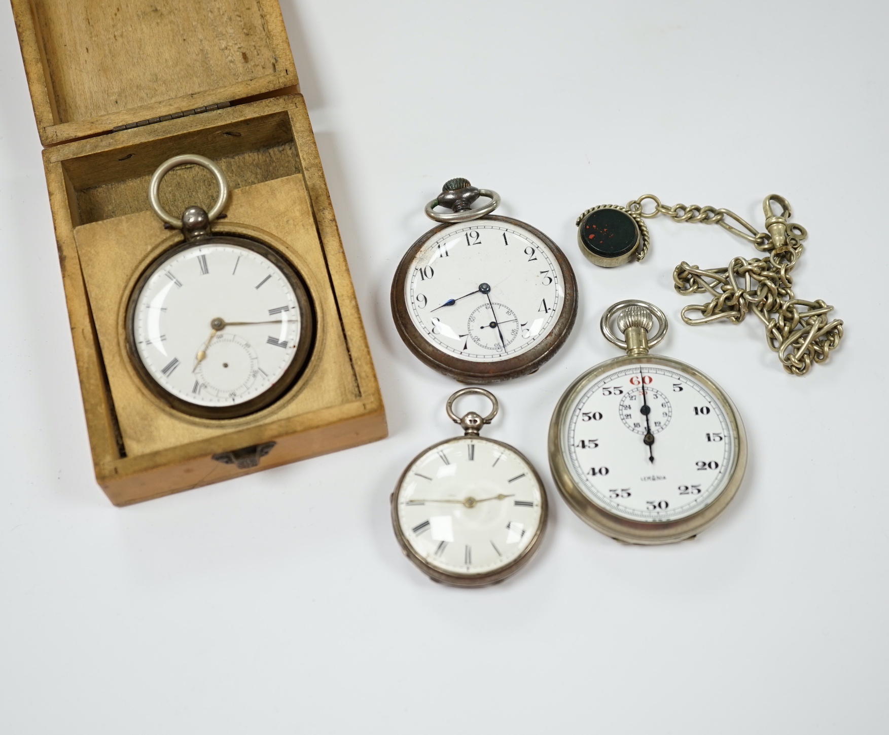 A Victorian silver open faced pocket watch, a silver fob watch, one other base metal pocket watch and a metal cased Lemania GPO stop watch, together with a base metal albert with spinning fob.